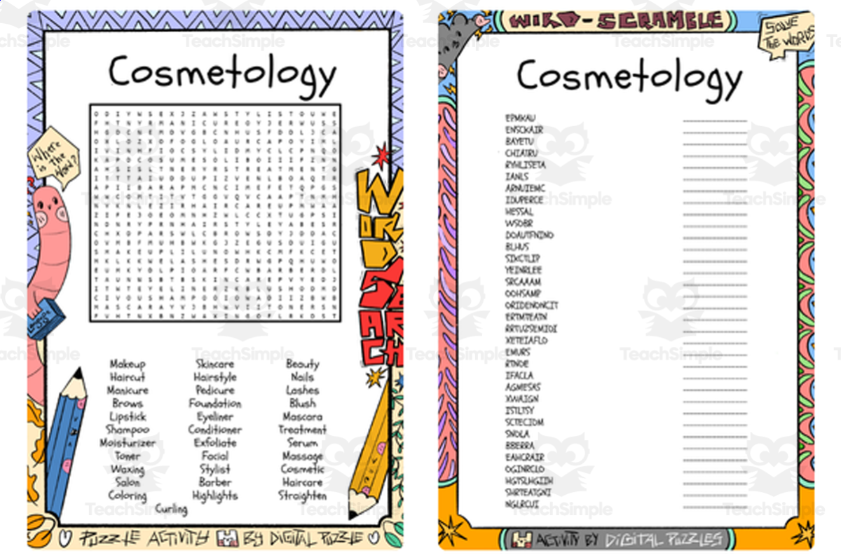 An educational teaching resource from Lapiiin Art Activities entitled Cosmetology word search & scramble downloadable at Teach Simple.
