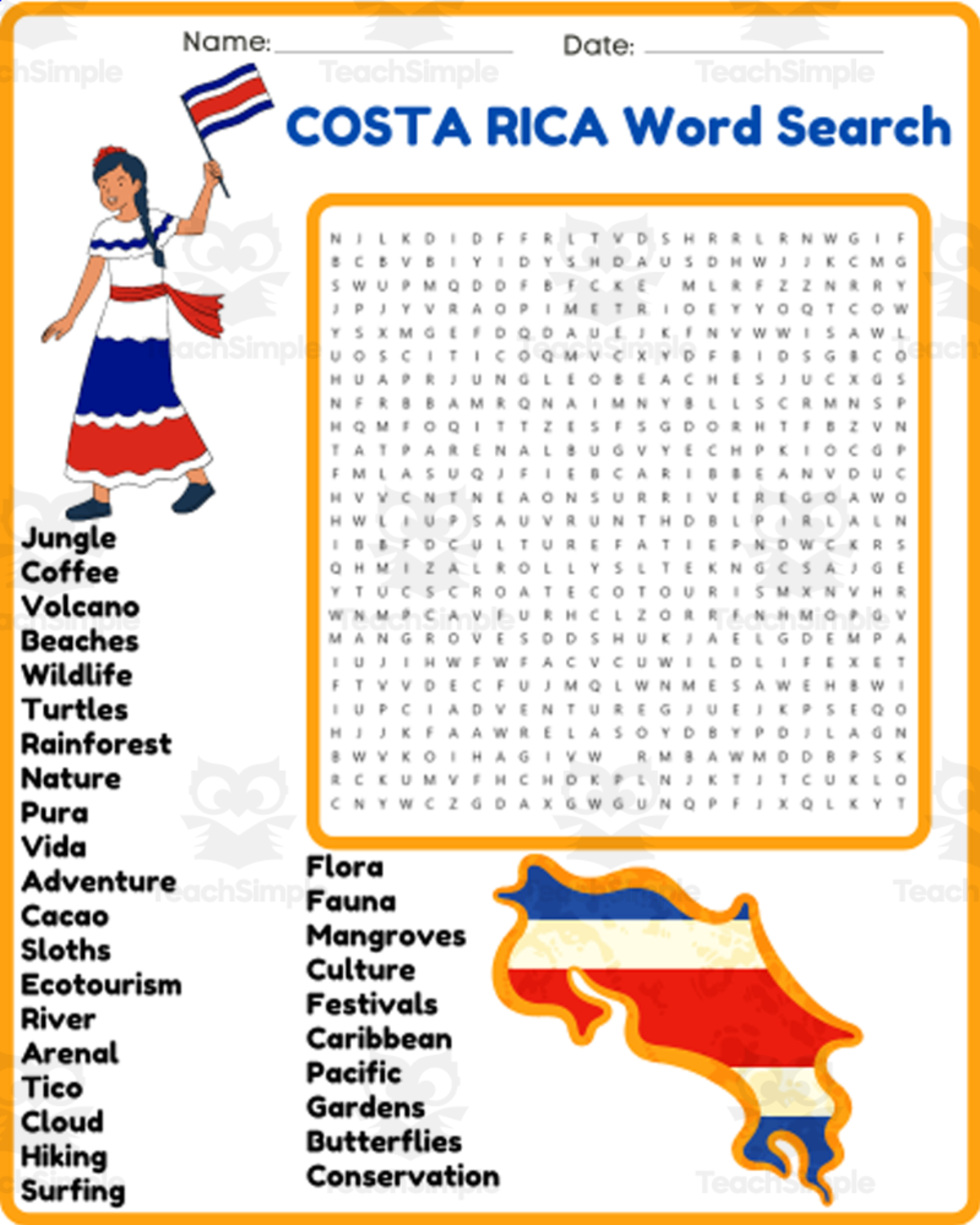 An educational teaching resource from space shope entitled COSTA RICA Word Search Puzzle Worksheet Activity downloadable at Teach Simple.