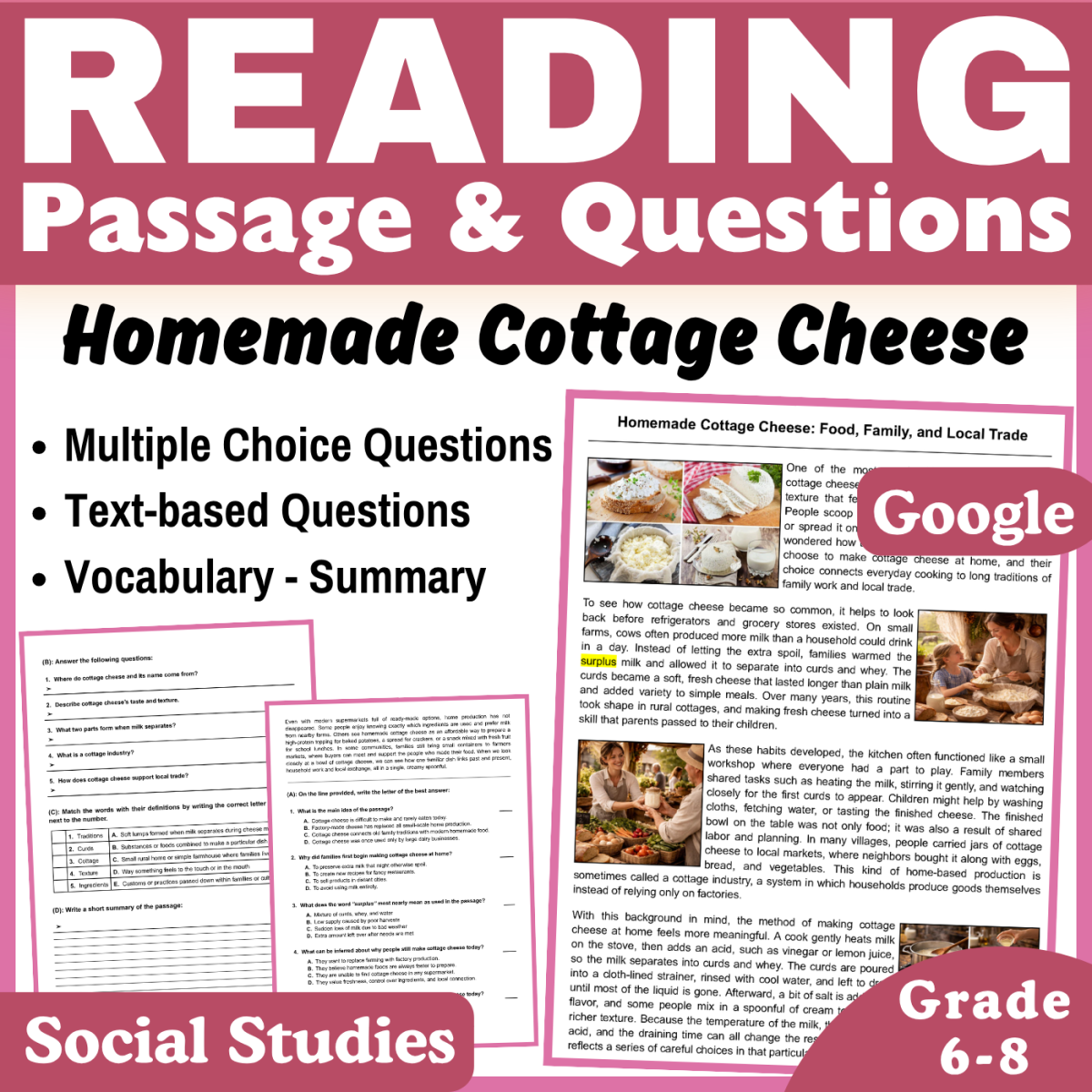 An educational teaching resource from CORED Education - Middle & High School entitled Cottage Cheese: Social Studies Reading Comprehension Passage (Docs) downloadable at Teach Simple.