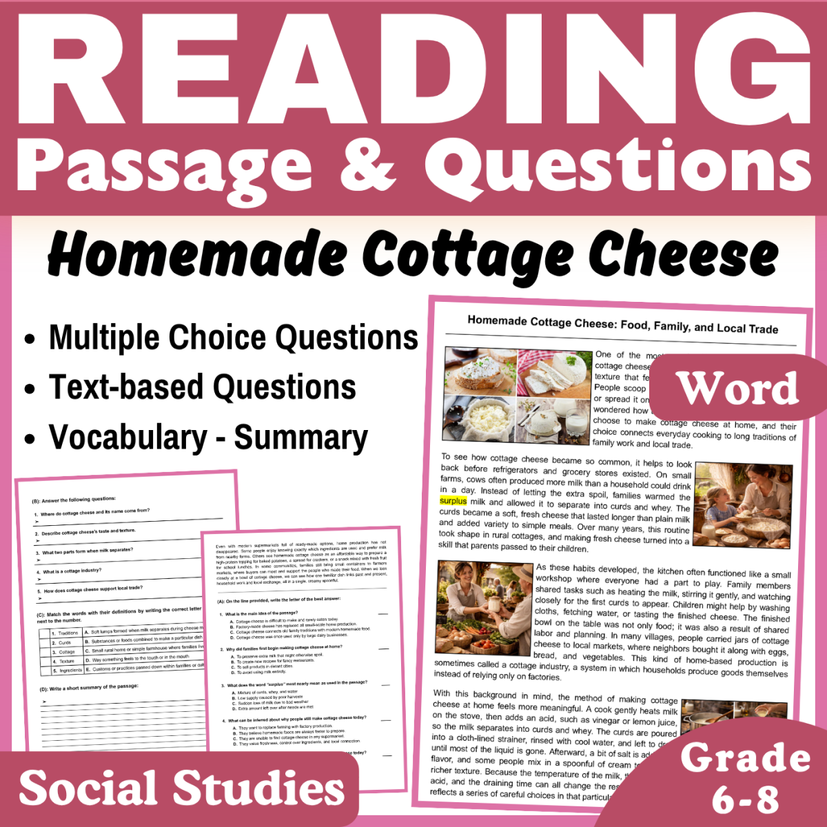 An educational teaching resource from CORED Education - Middle & High School entitled Cottage Cheese: Social Studies Reading Comprehension Passage (Word) downloadable at Teach Simple.