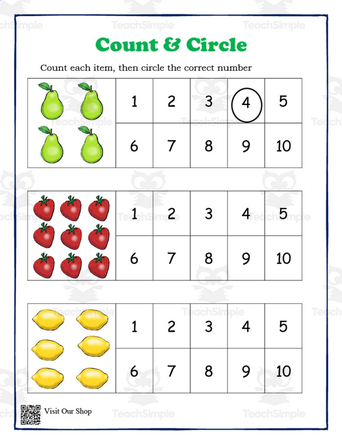 An educational teaching resource from KD's Kids School Shop entitled Count & Circle Math Worksheet downloadable at Teach Simple.