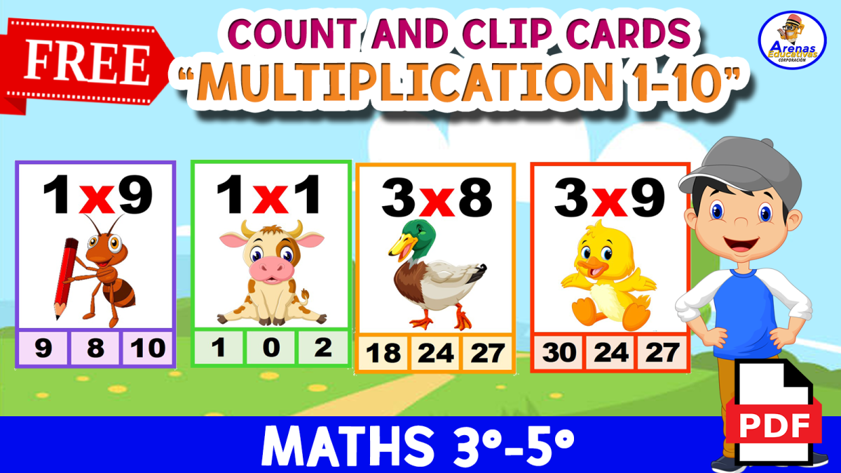 An educational teaching resource from EDITORIAL LAURA EDUCA entitled COUNT AND CLIP Multiplication Flashcards 1 to 10 - Animal Theme downloadable at Teach Simple.