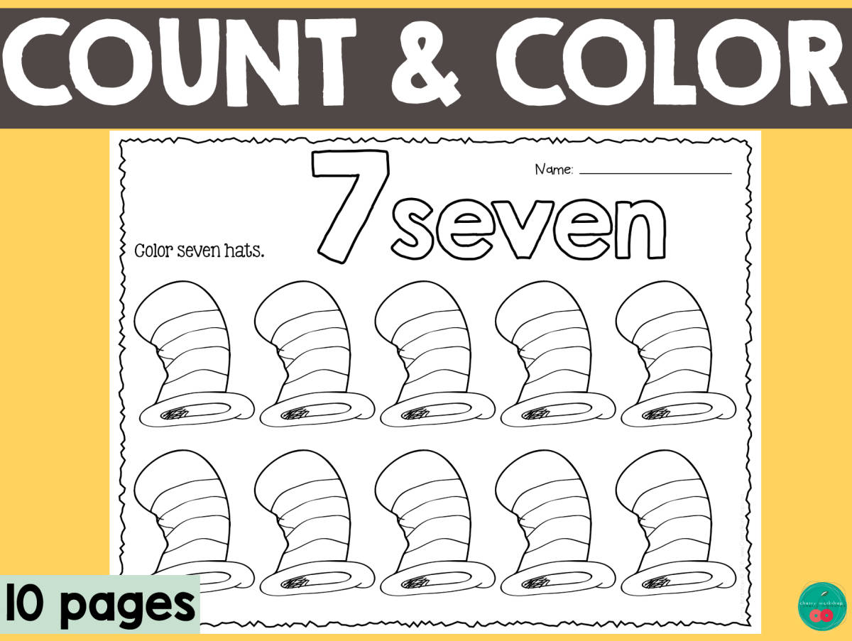 An educational teaching resource from Cherry Workshop entitled Count and Color – Cat in the Hat Numbers 1–10 downloadable at Teach Simple.