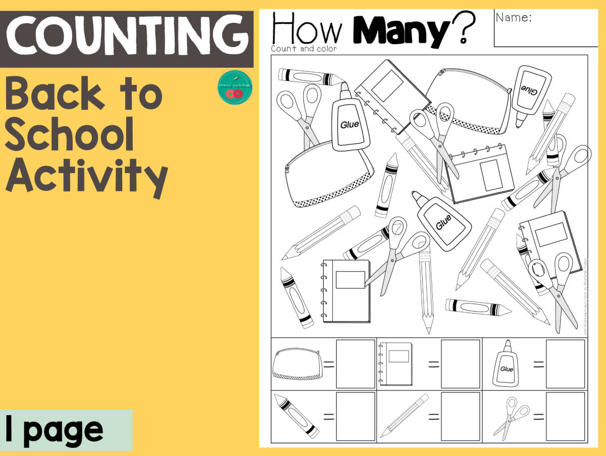 An educational teaching resource from Cherry Workshop entitled Count and Color School Supplies – Back to School downloadable at Teach Simple.