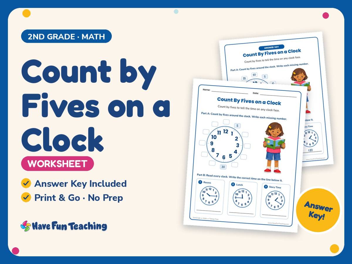 Count by Fives on a Clock Worksheet – 2nd Grade Clocks & Skip Counting preview