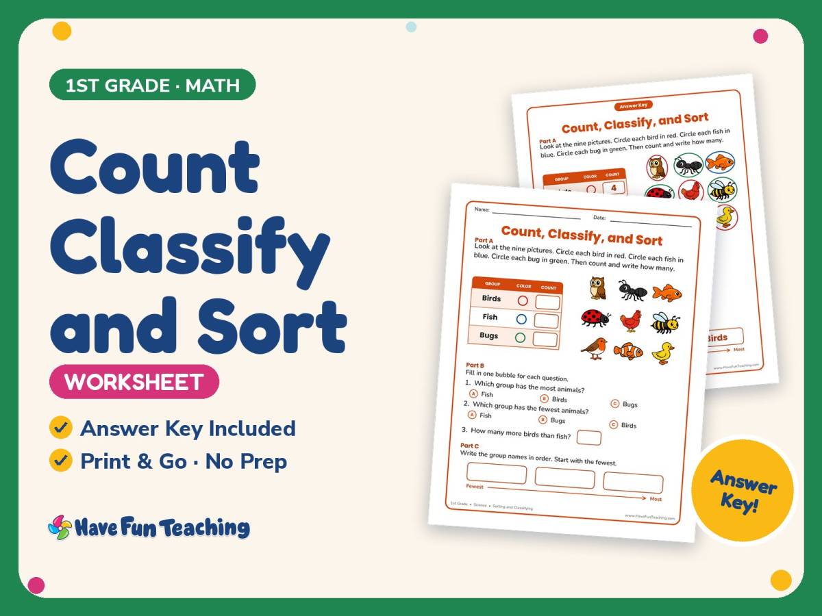 Count Classify and Sort Worksheet – 1st Grade Classification & Sorting preview
