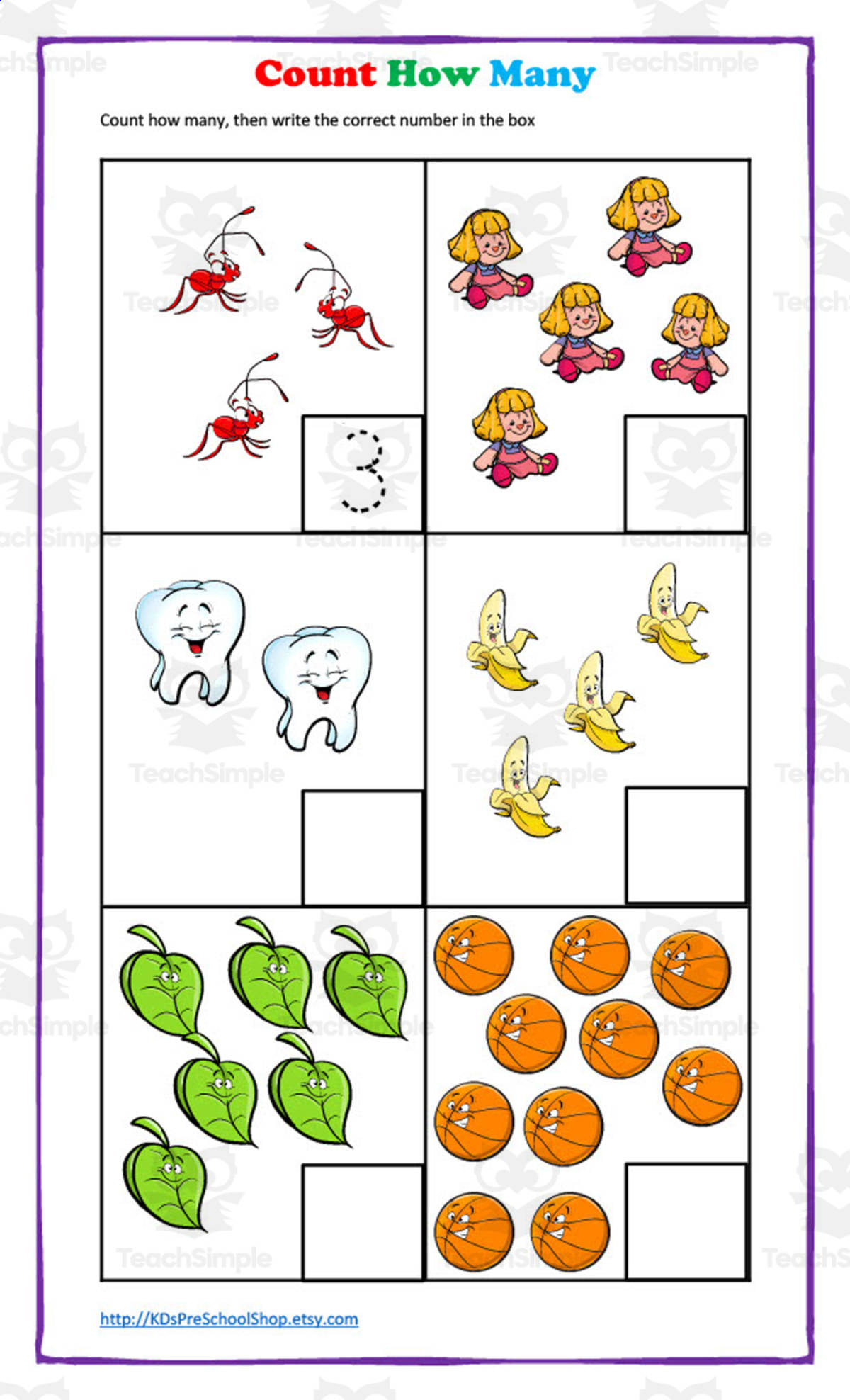 An educational teaching resource from KD's Kids School Shop entitled Count How Many Worksheet downloadable at Teach Simple.