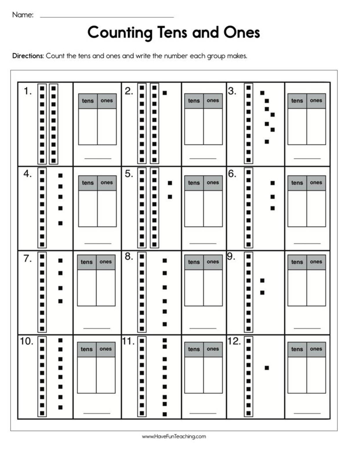 An educational teaching resource from Have Fun Teaching entitled Count Tens and Ones Worksheet downloadable at Teach Simple.