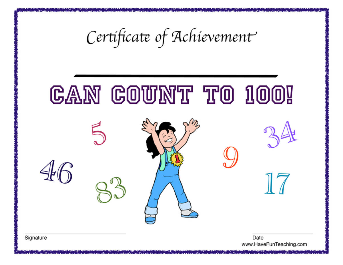 An educational teaching resource from Have Fun Teaching entitled Count to 100 Reward Certificate for Girls downloadable at Teach Simple.
