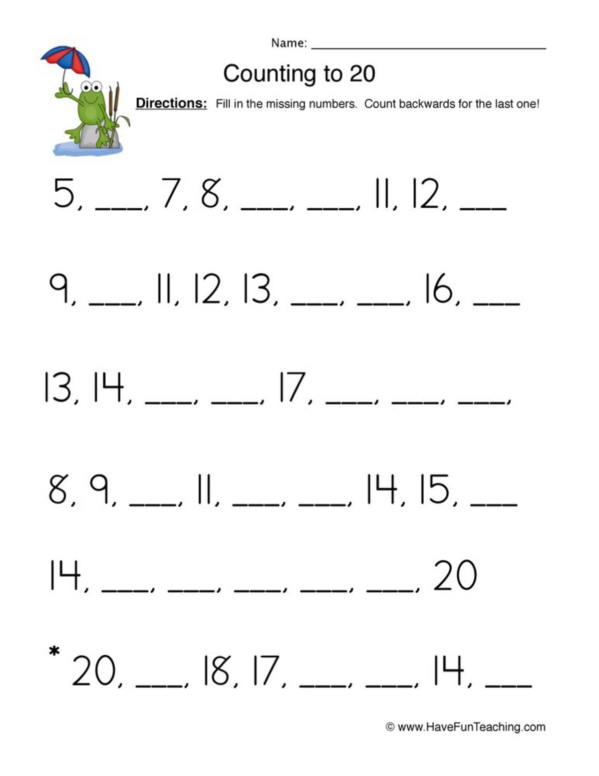 An educational teaching resource from Have Fun Teaching entitled Count to 20 Fill in the Blank Worksheet downloadable at Teach Simple.