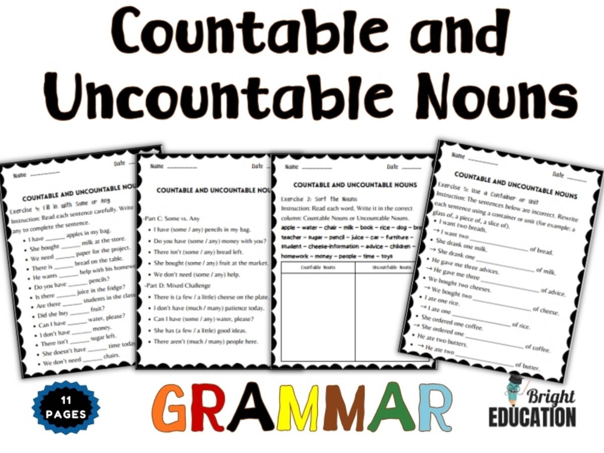 An educational teaching resource from Bright Education entitled Countable and Uncountable Nouns Grammar Worksheets downloadable at Teach Simple.