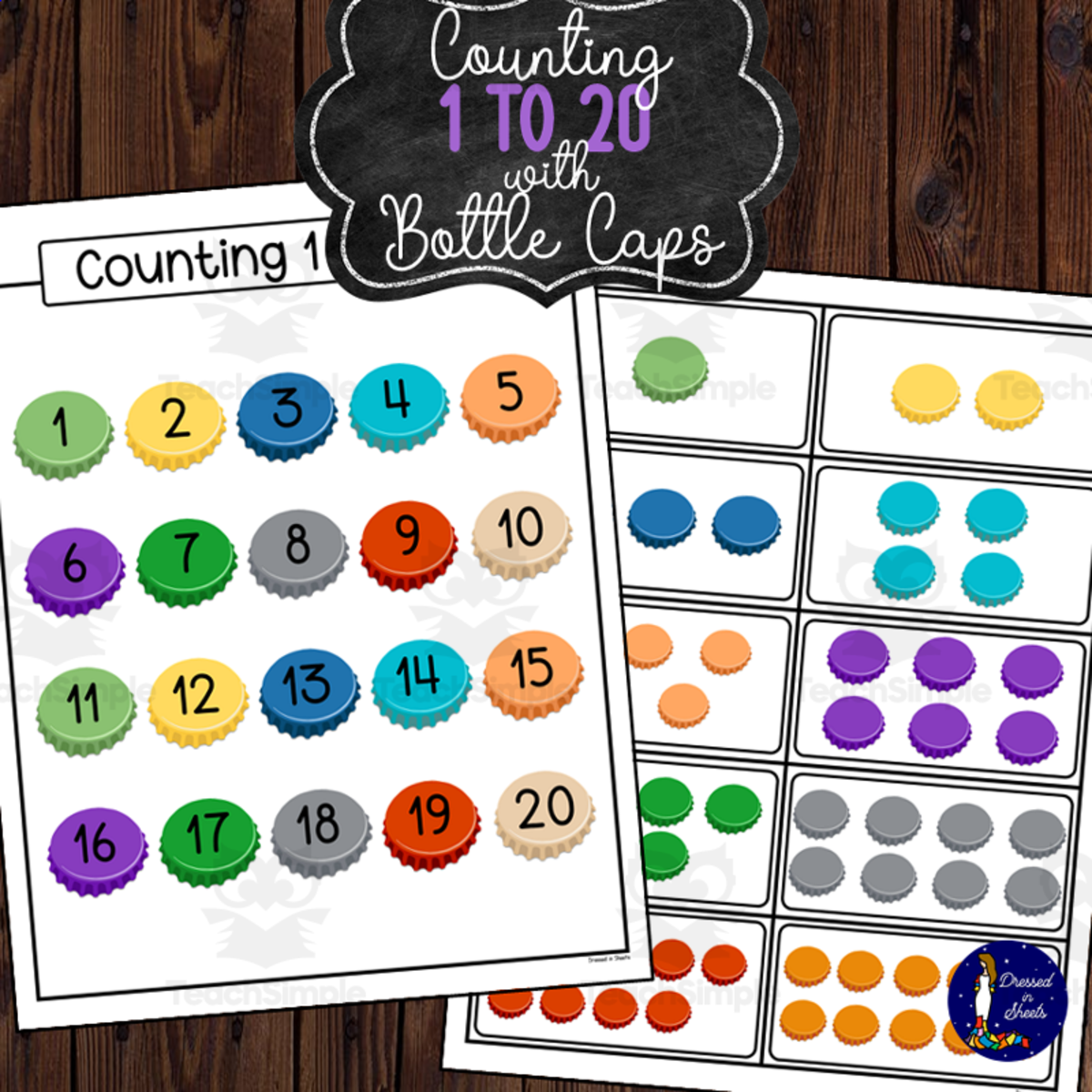 An educational teaching resource from Soumara Siddiqui entitled Counting 1 to 20 with Bottle Caps – Math Resource downloadable at Teach Simple.