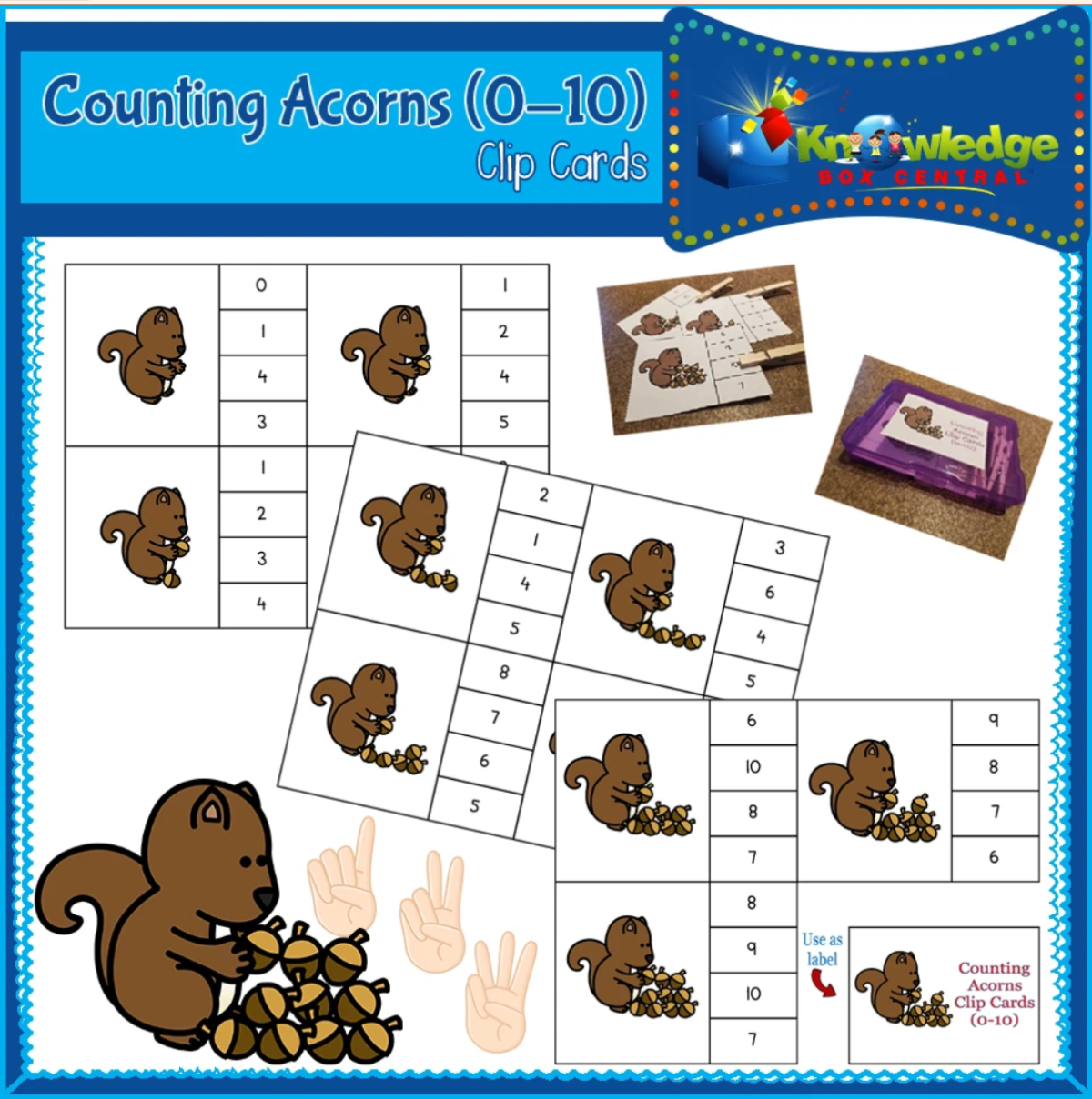 An educational teaching resource from Knowledge Box Central entitled Counting Acorns Clip Cards (0-10) - EBOOK downloadable at Teach Simple.
