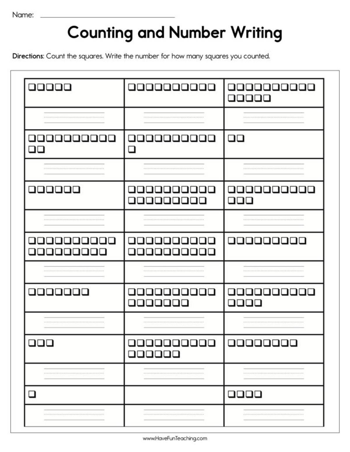 An educational teaching resource from Have Fun Teaching entitled Counting and Number Writing Worksheet downloadable at Teach Simple.
