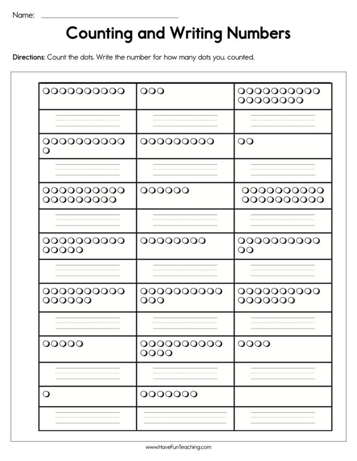An educational teaching resource from Have Fun Teaching entitled Counting and Writing Numbers Worksheet downloadable at Teach Simple.