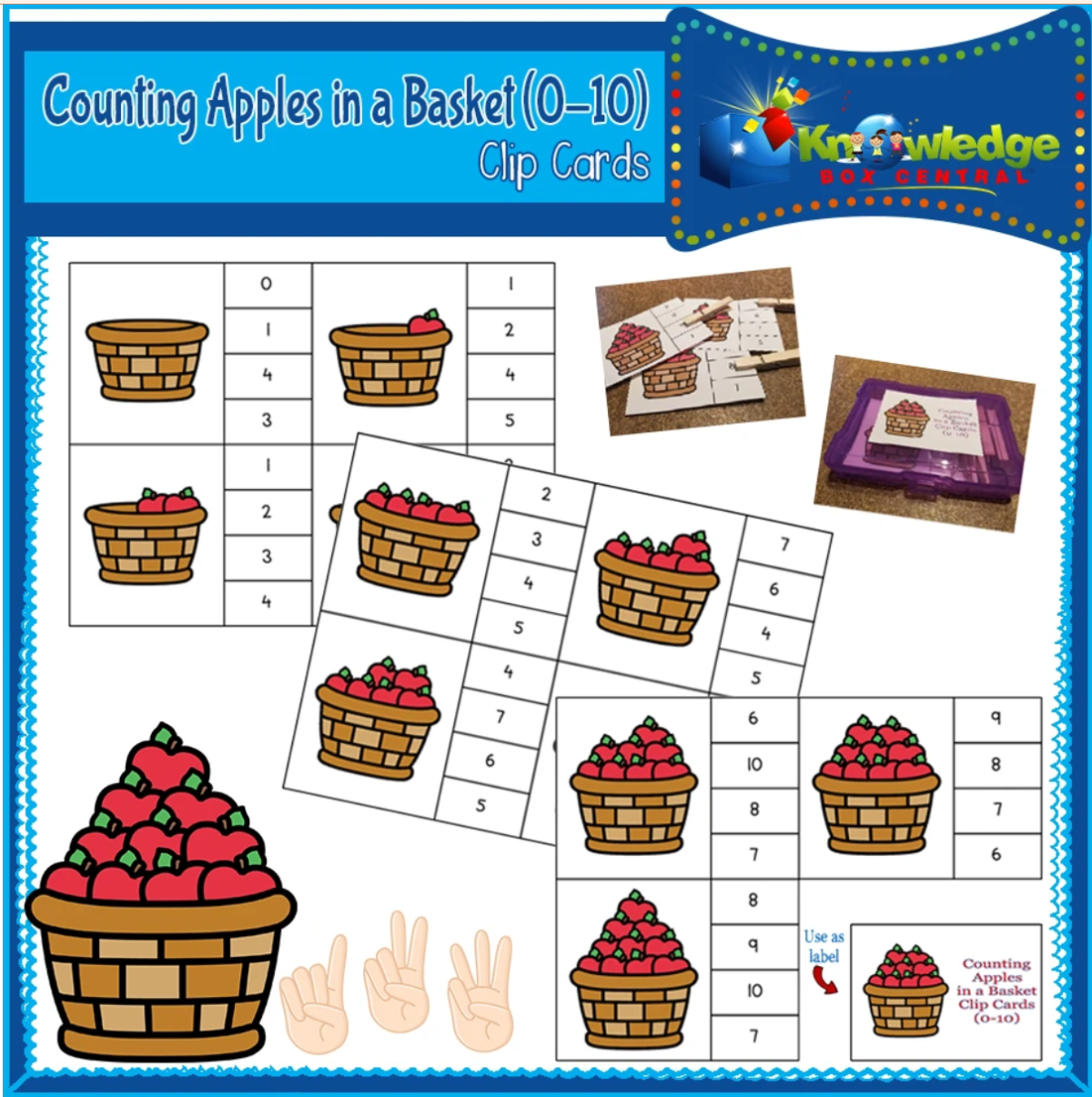 An educational teaching resource from Knowledge Box Central entitled Counting Apples in Baskets Clip Cards (0-10) - EBOOK downloadable at Teach Simple.