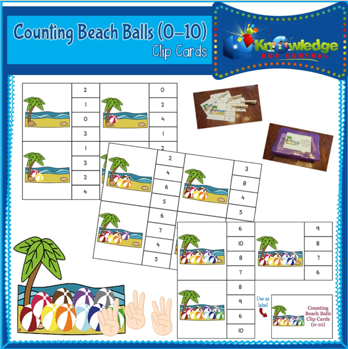 An educational teaching resource from Knowledge Box Central entitled Counting Beach Balls Clip Cards (0-10) - EBOOK downloadable at Teach Simple.