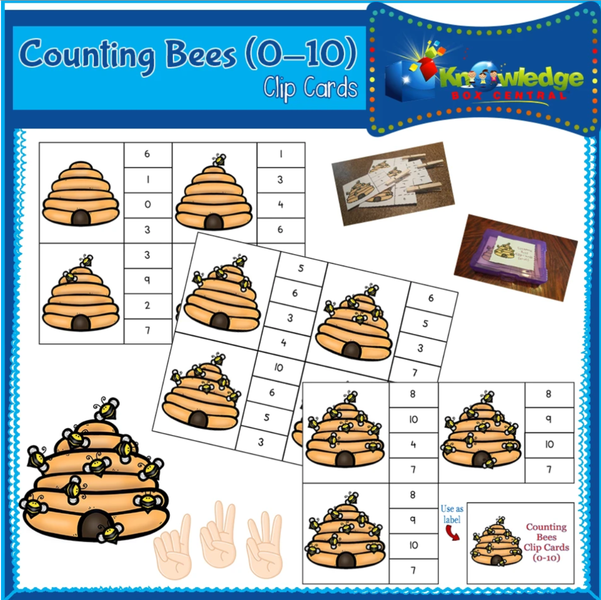 An educational teaching resource from Knowledge Box Central entitled Counting Bees Clip Cards (0-10) - EBOOK downloadable at Teach Simple.