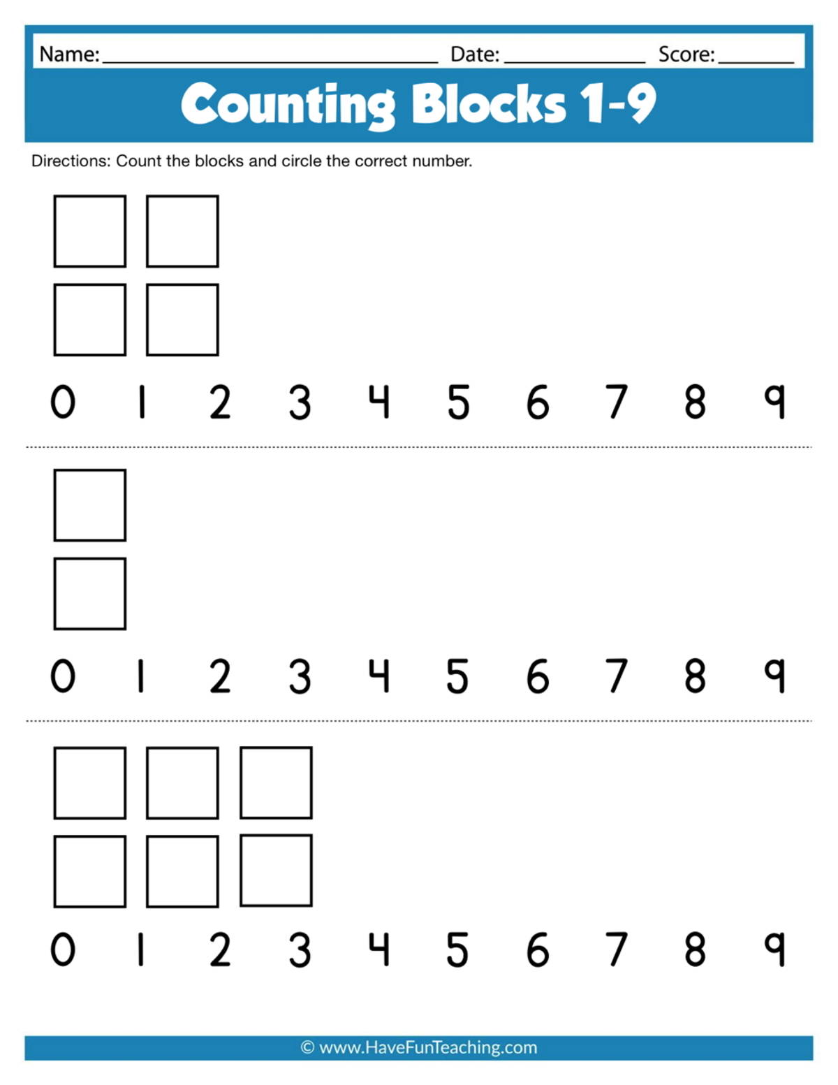 An educational teaching resource from Have Fun Teaching entitled Counting Blocks 1-9 Worksheets downloadable at Teach Simple.