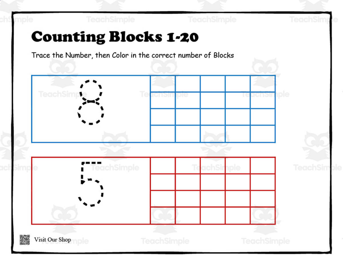 An educational teaching resource from KD's Kids School Shop entitled Counting Blocks Activity Sheets downloadable at Teach Simple.