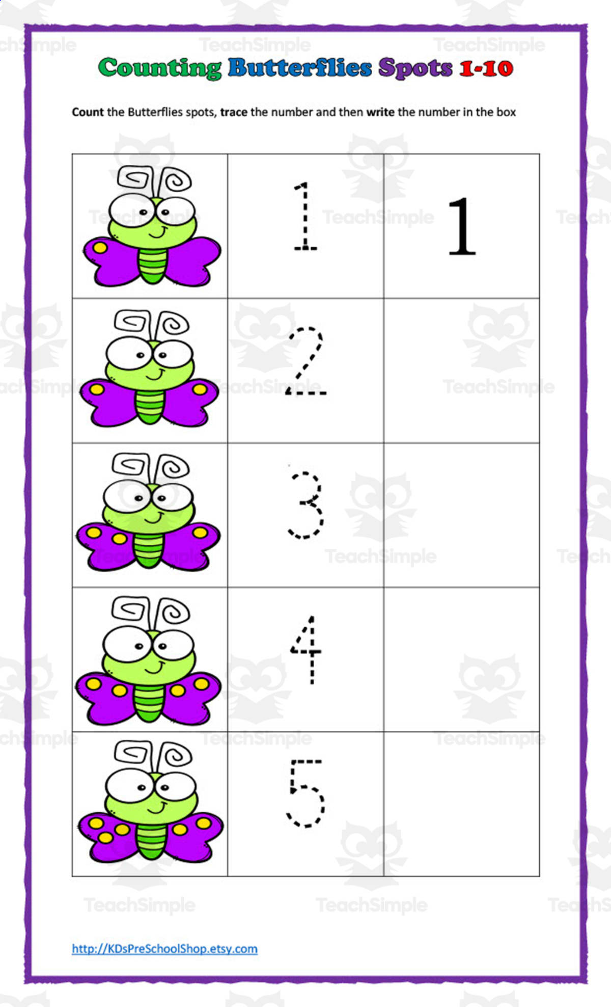 An educational teaching resource from KD's Kids School Shop entitled Counting Butterly Spots Worksheet downloadable at Teach Simple.