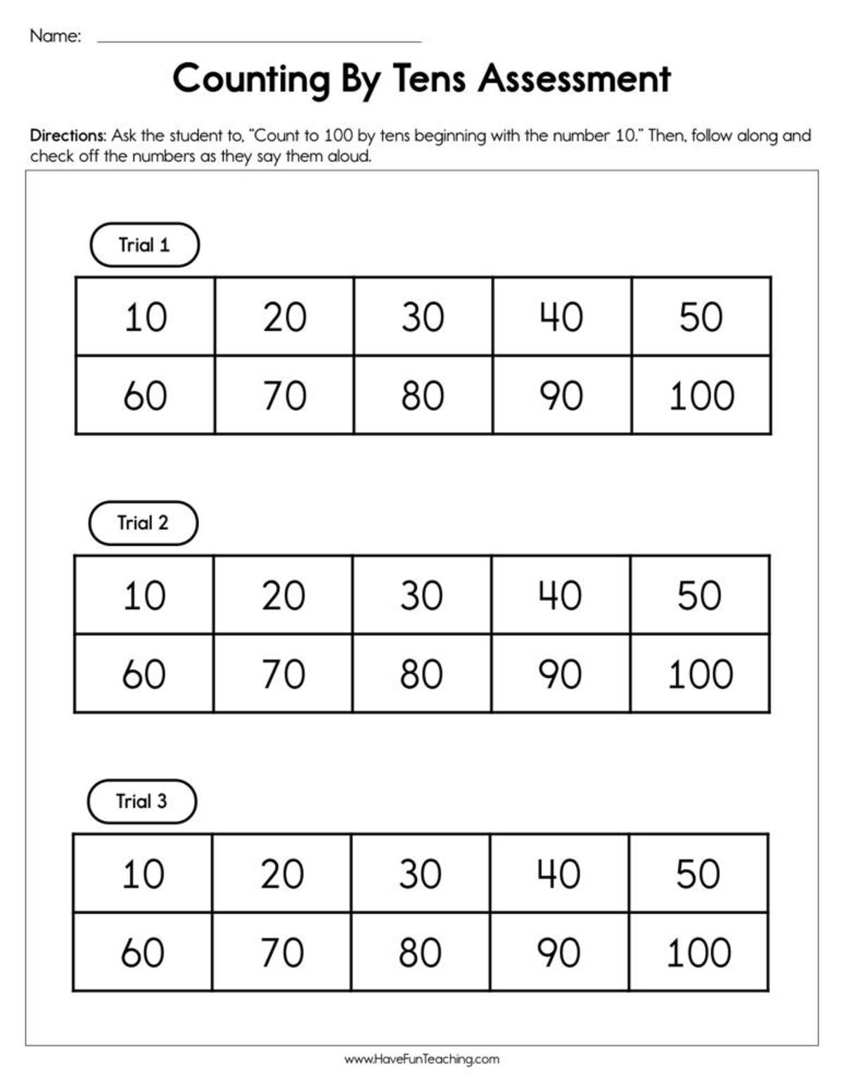 An educational teaching resource from Have Fun Teaching entitled Counting by Tens Assessment Worksheet downloadable at Teach Simple.