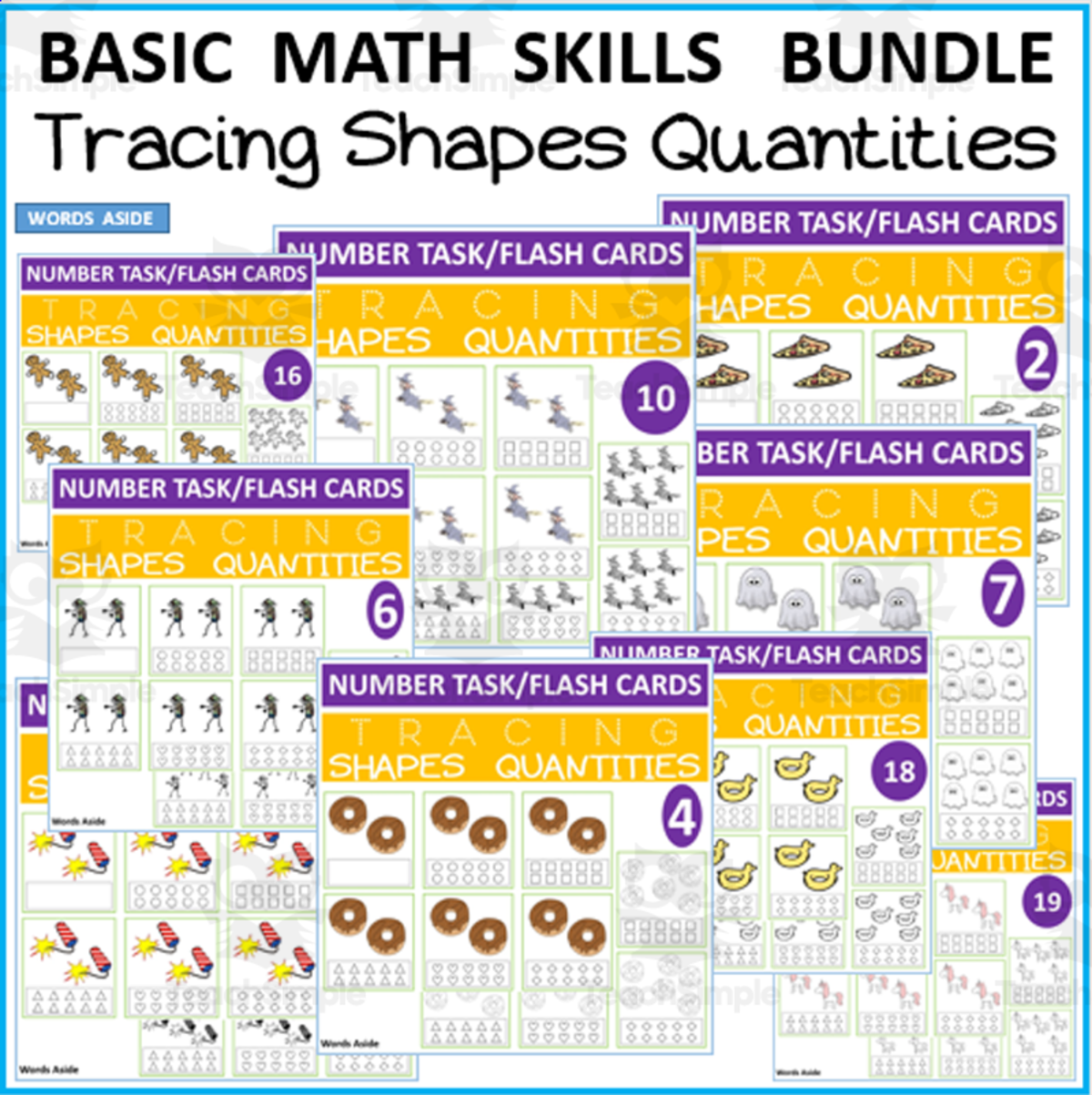 An educational teaching resource from WORDS ASIDE entitled COUNTING BY TRACING SHAPES TASK CARDS BUNDLE downloadable at Teach Simple.