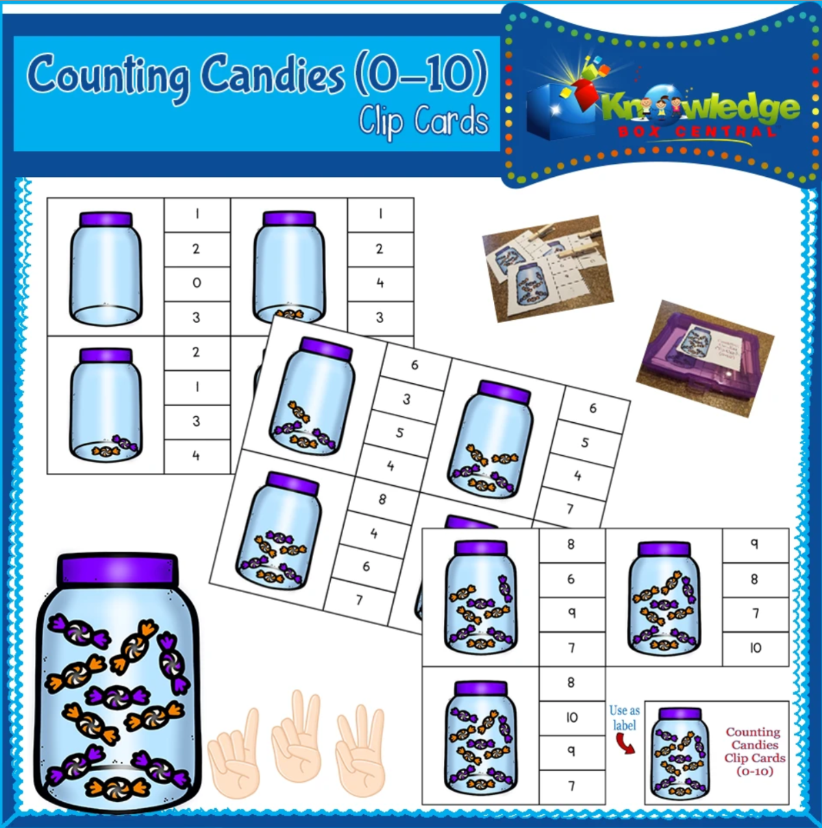 An educational teaching resource from Knowledge Box Central entitled Counting Candies Clip Cards (0-10) - EBOOK downloadable at Teach Simple.