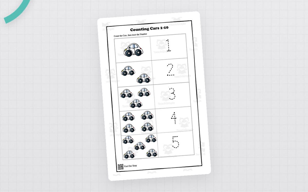 An educational teaching resource from KD's Kids School Shop entitled Counting Cars 1–10 – Preschool Printable downloadable at Teach Simple.