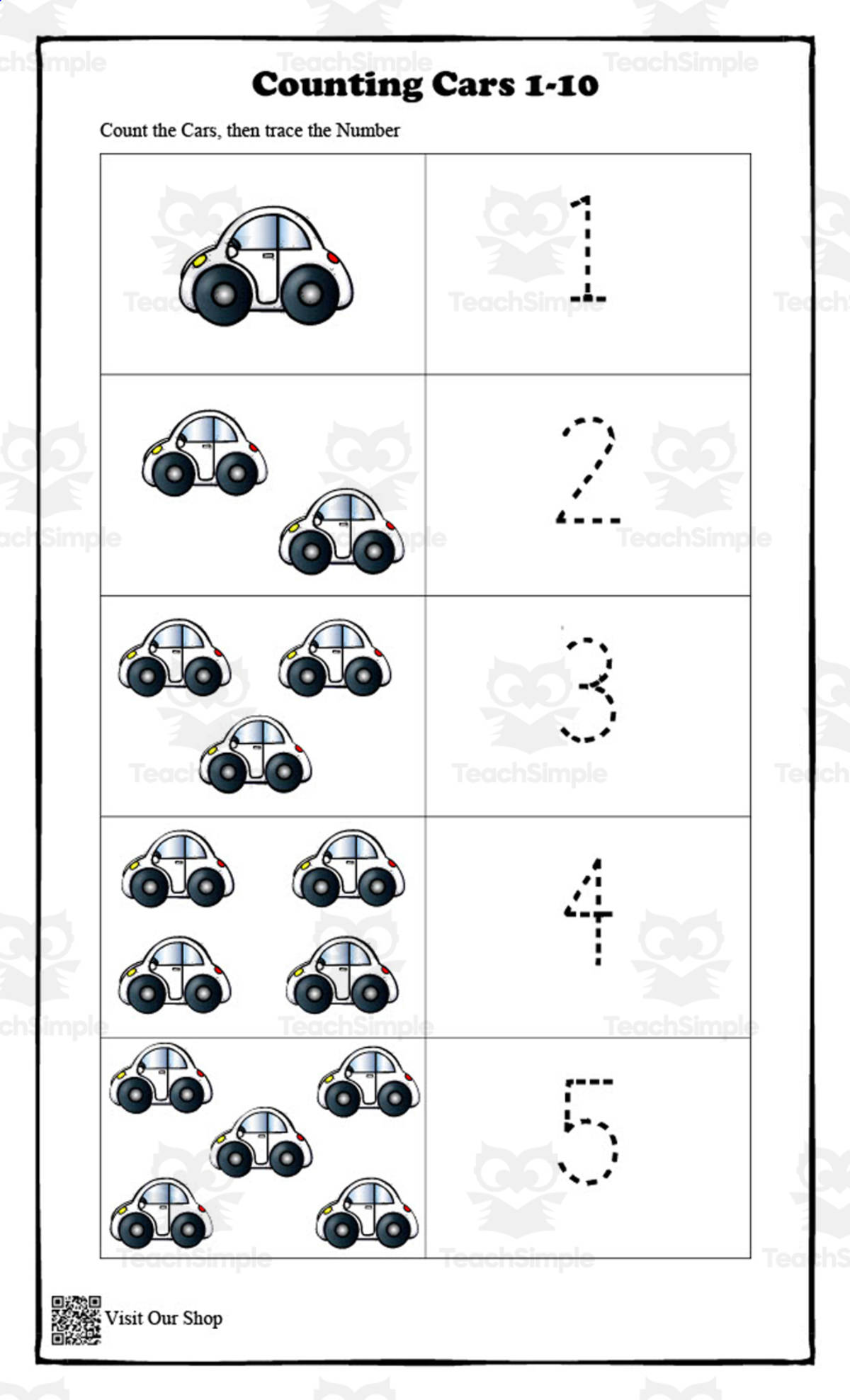 An educational teaching resource from KD's Kids School Shop entitled Counting Cars 1–10 – Preschool Printable downloadable at Teach Simple.