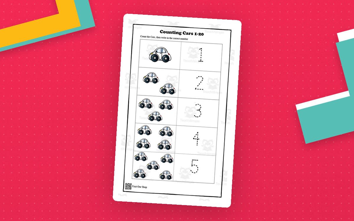 An educational teaching resource from KD's Kids School Shop entitled Counting Cars 1–20 – Hands-On Number Printable downloadable at Teach Simple.