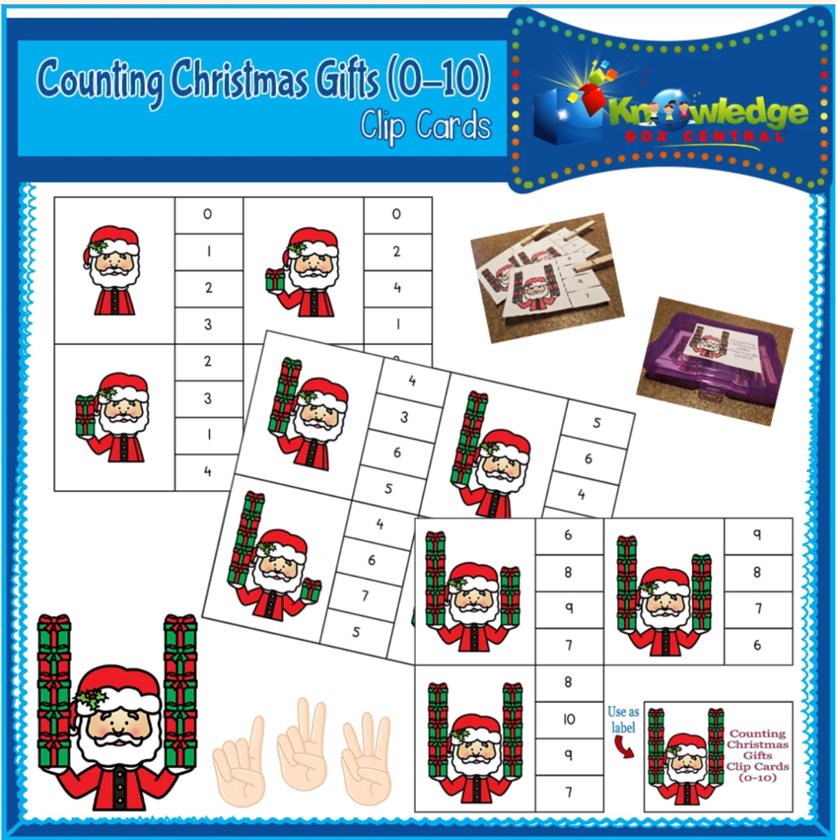 An educational teaching resource from Knowledge Box Central entitled Counting Christmas Gifts Clip Cards (0-10) - EBOOK downloadable at Teach Simple.
