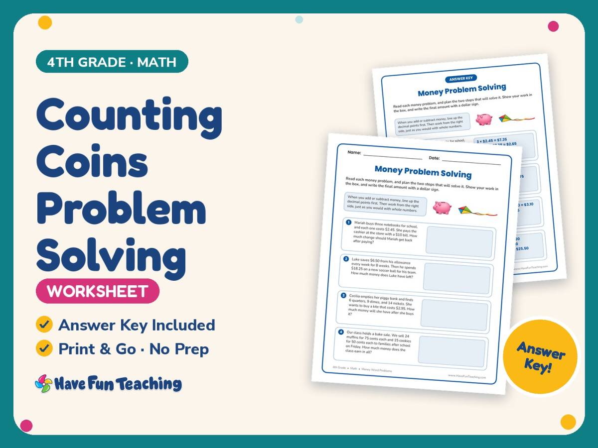 Counting Coins Problem Solving Worksheet – 4th Grade Money Practice preview