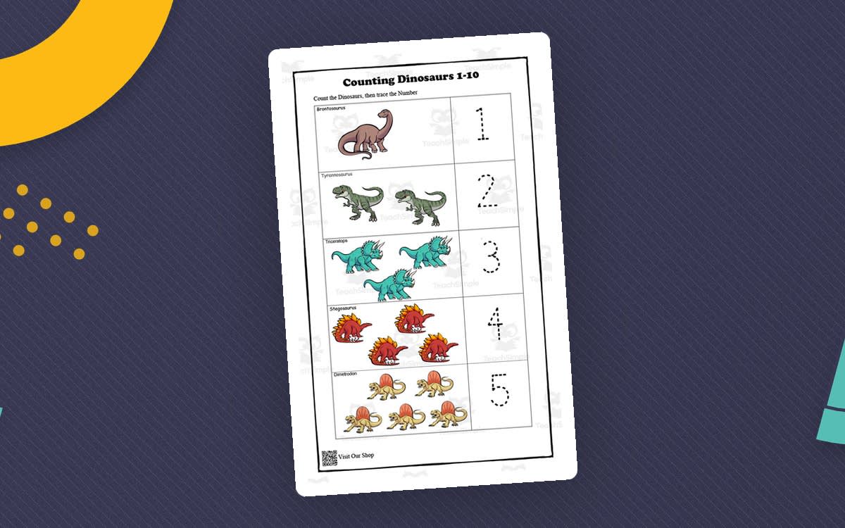 An educational teaching resource from KD's Kids School Shop entitled Counting Dinosaurs 1-10 Printable downloadable at Teach Simple.