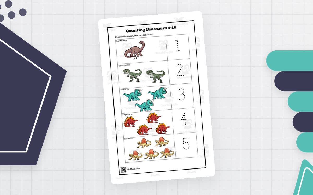 An educational teaching resource from KD's Kids School Shop entitled Counting Dinosaurs 1-20 Printable downloadable at Teach Simple.