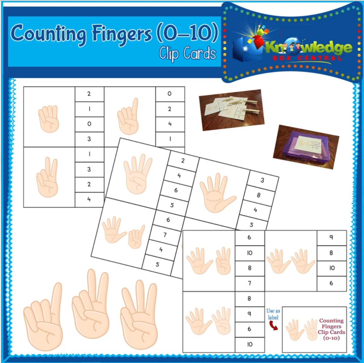 An educational teaching resource from Knowledge Box Central entitled Counting Fingers Clip Cards (0-10) - EBOOK downloadable at Teach Simple.