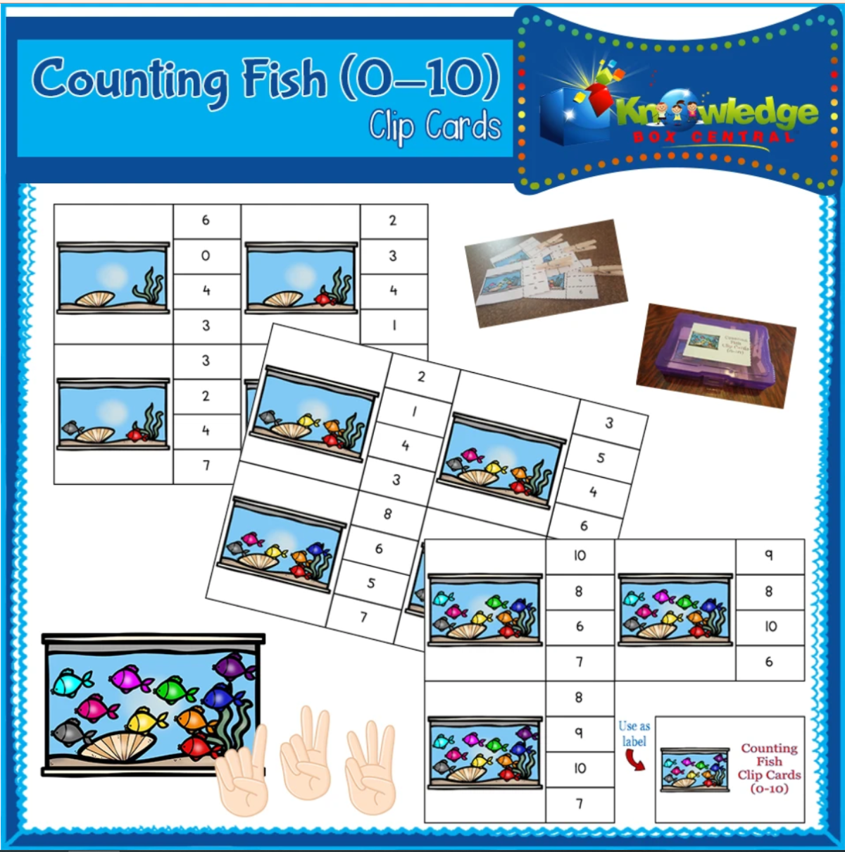 An educational teaching resource from Knowledge Box Central entitled Counting Fish Clip Cards (0-10) - EBOOK downloadable at Teach Simple.