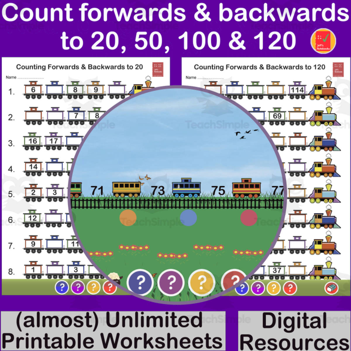 An educational teaching resource from Jeff's Notebooks entitled Counting forward & backward to 20, 50, 100 and 120 in steps of 1 downloadable at Teach Simple.