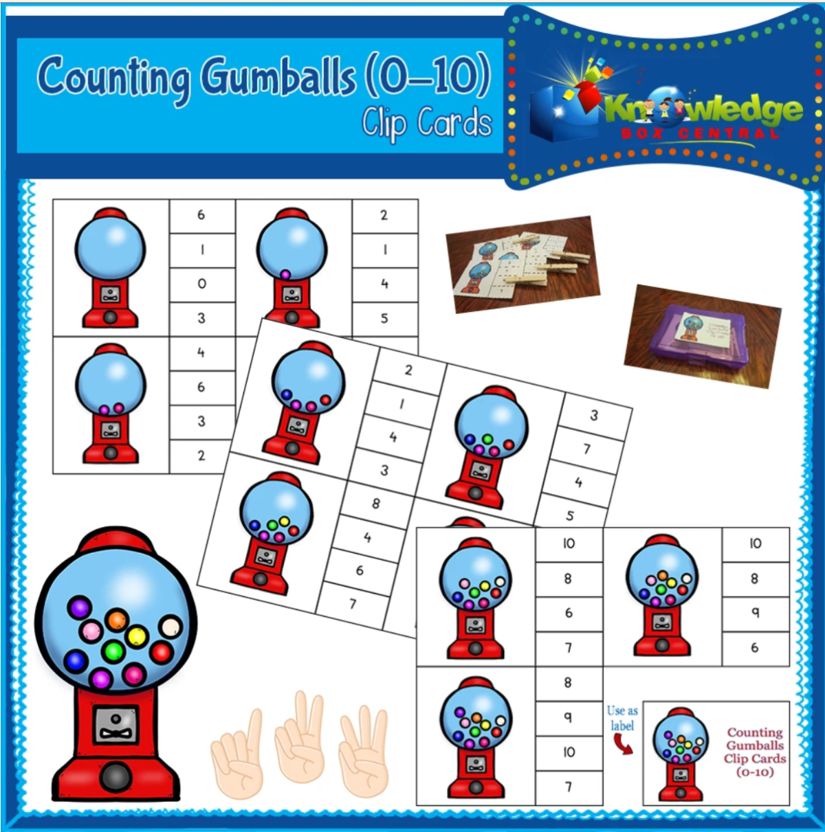 An educational teaching resource from Knowledge Box Central entitled Counting Gumballs Clip Cards (0-10) - EBOOK downloadable at Teach Simple.
