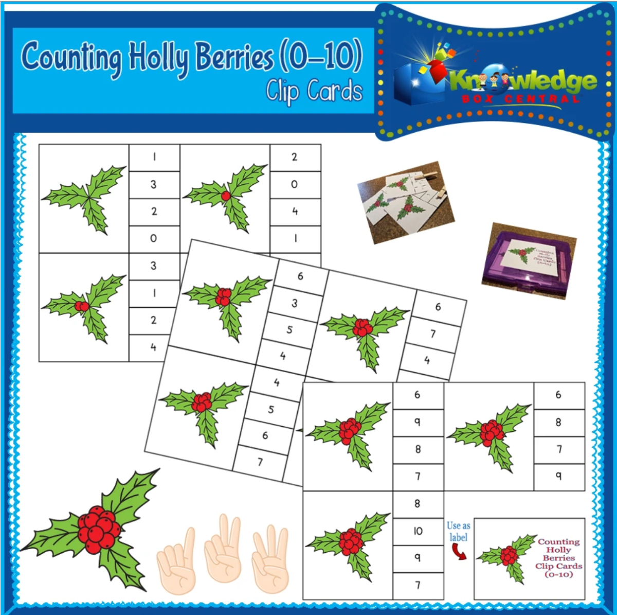 An educational teaching resource from Knowledge Box Central entitled Counting Holly Berries Clip Cards (0-10) - EBOOK downloadable at Teach Simple.
