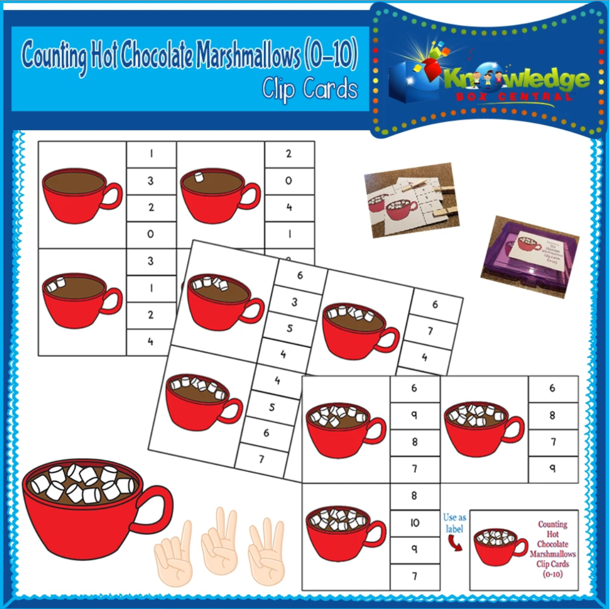 An educational teaching resource from Knowledge Box Central entitled Counting Hot Chocolate Marshmallows Clip Cards (0-10) - EBOOK downloadable at Teach Simple.