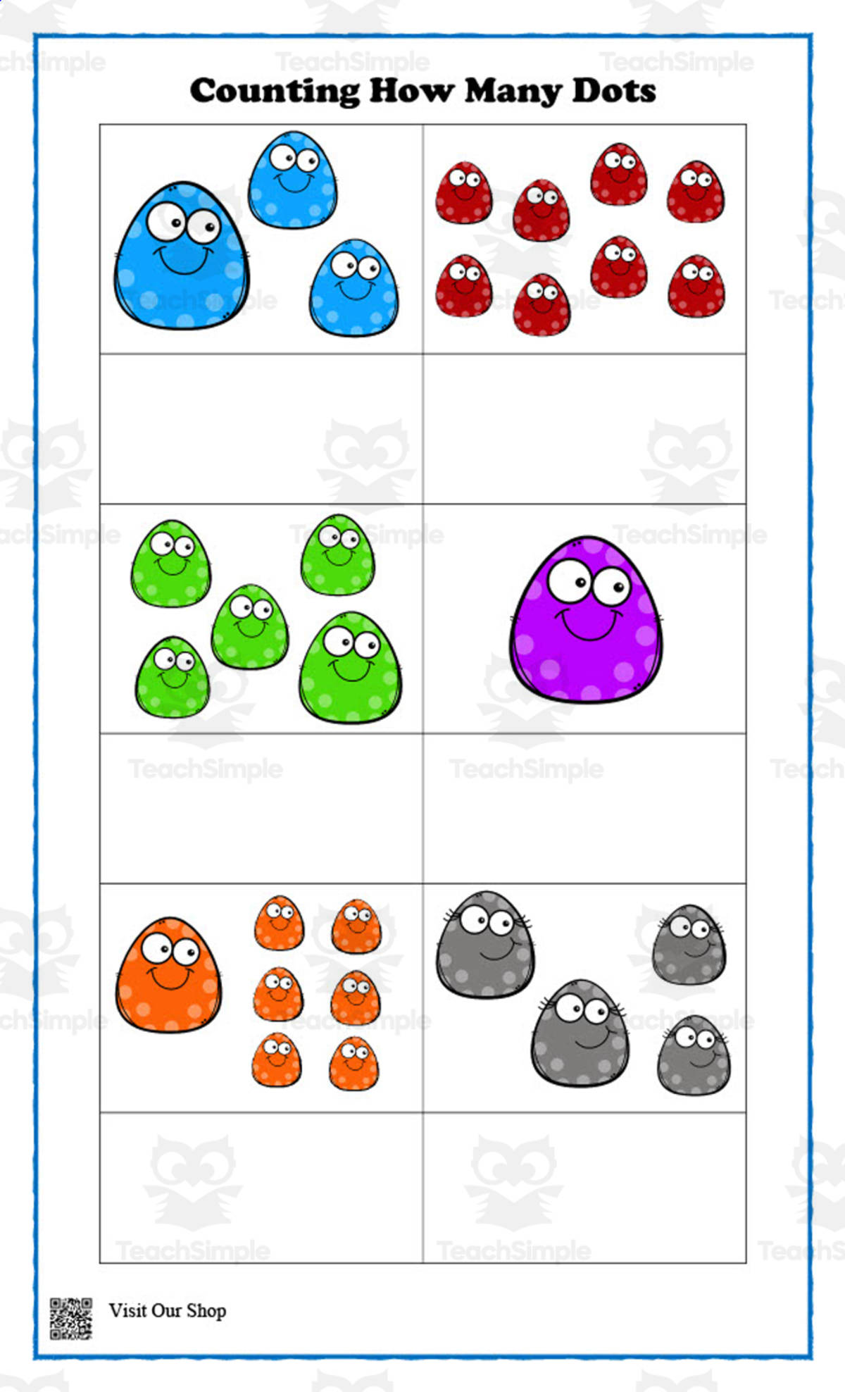 An educational teaching resource from KD's Kids School Shop entitled Counting How Many Dots Worksheet downloadable at Teach Simple.