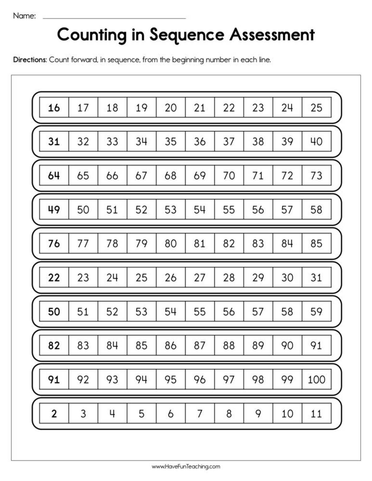 An educational teaching resource from Have Fun Teaching entitled Counting in Sequence Assessment Worksheet downloadable at Teach Simple.