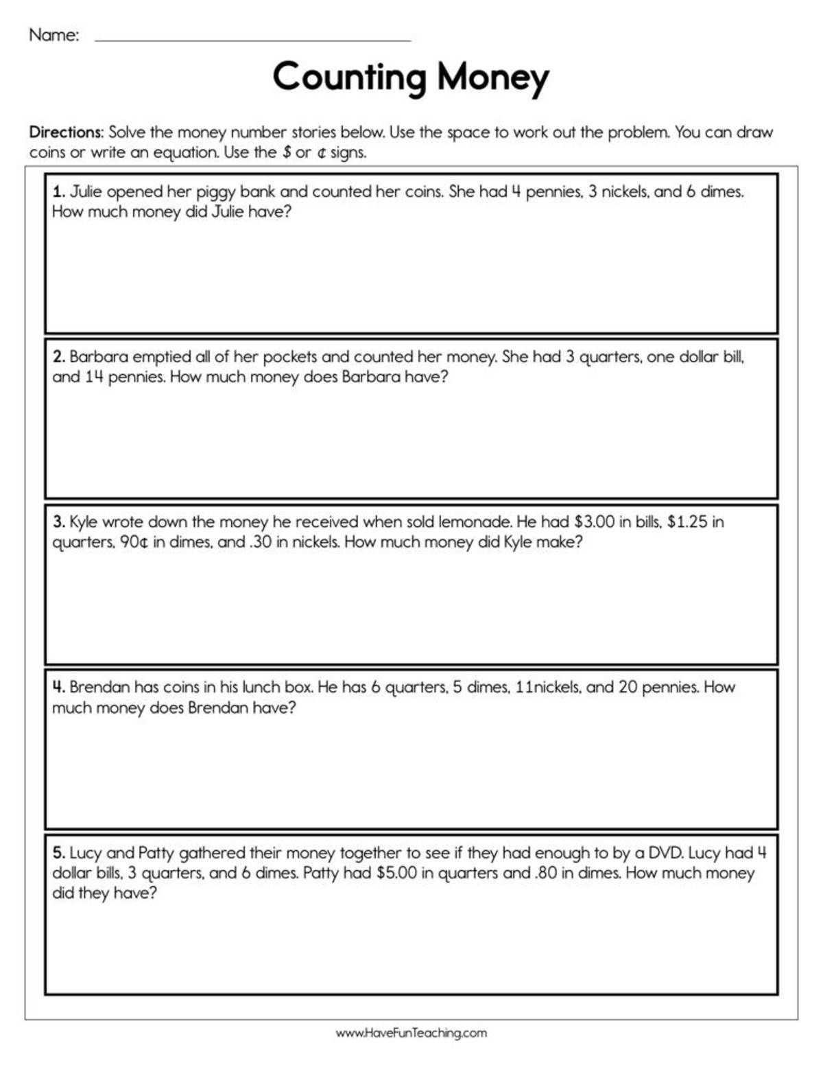 An educational teaching resource from Have Fun Teaching entitled Counting Money Worksheet downloadable at Teach Simple.