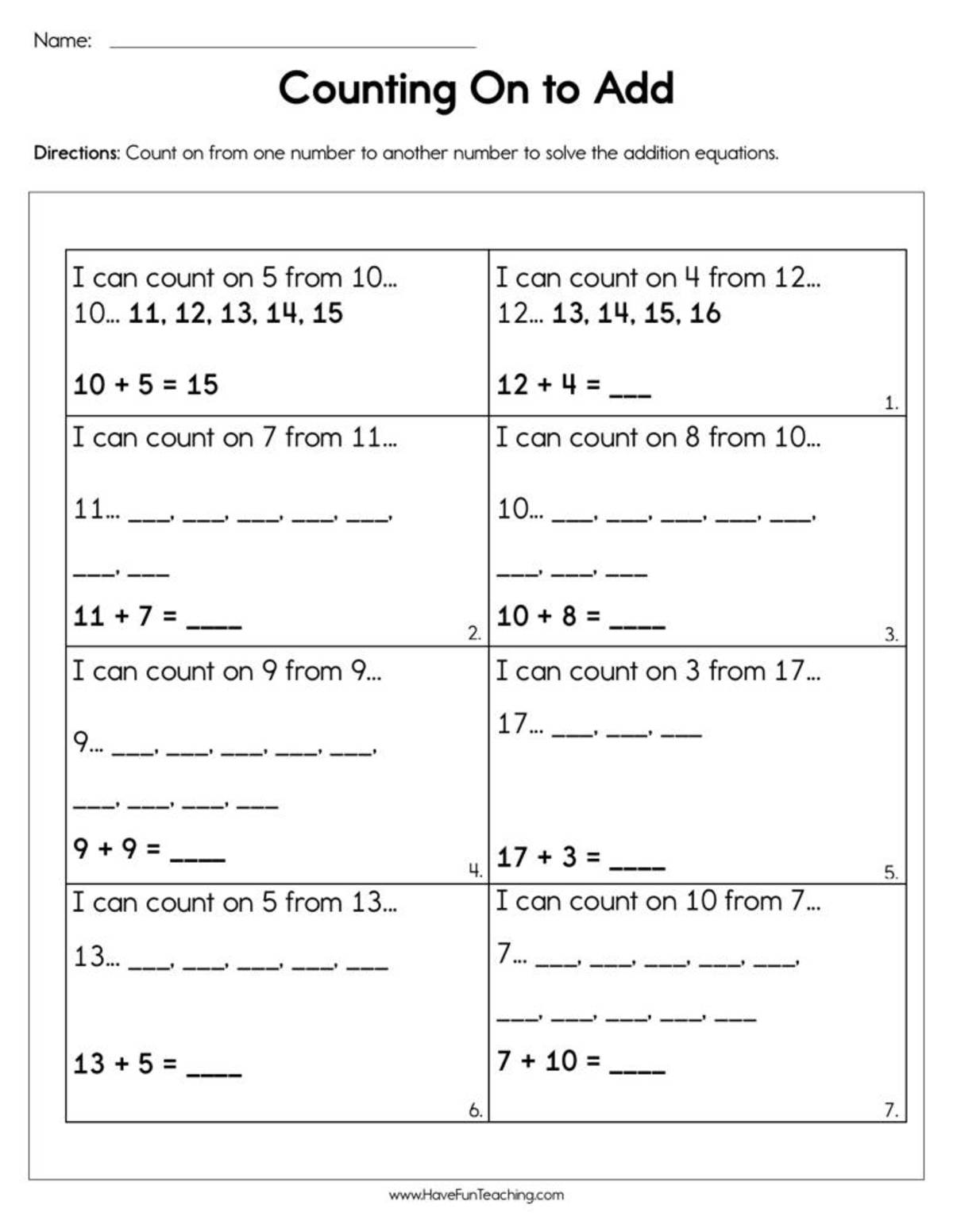 An educational teaching resource from Have Fun Teaching entitled Counting On to Add Worksheet downloadable at Teach Simple.