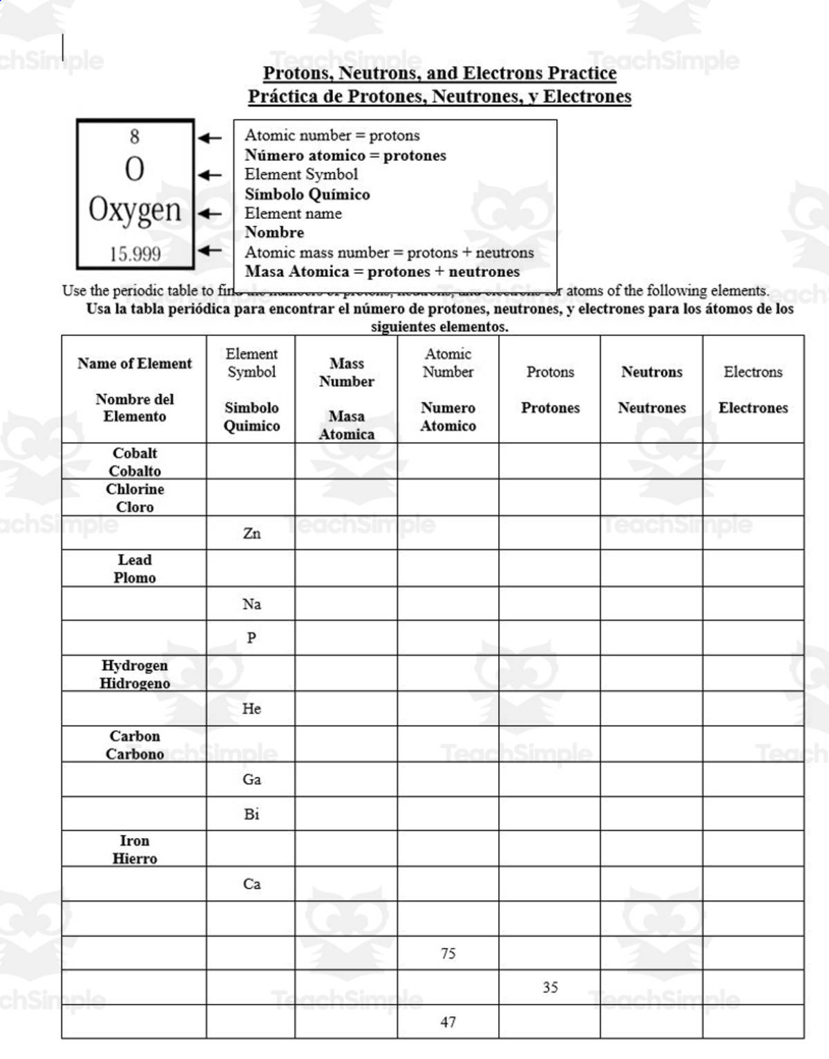 An educational teaching resource from Schrim's Chem entitled Counting Protons Electrons and Neutrons ESL: Spanish Version downloadable at Teach Simple.