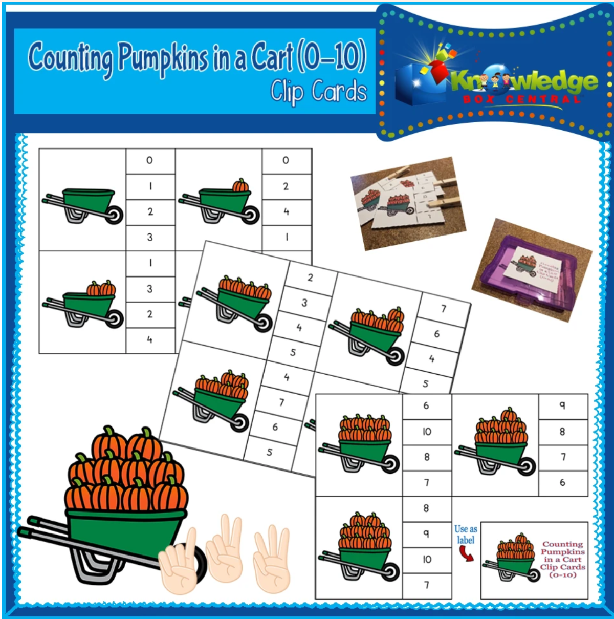 An educational teaching resource from Knowledge Box Central entitled Counting Pumpkins in a Cart Clip Cards (0-10) - EBOOK downloadable at Teach Simple.