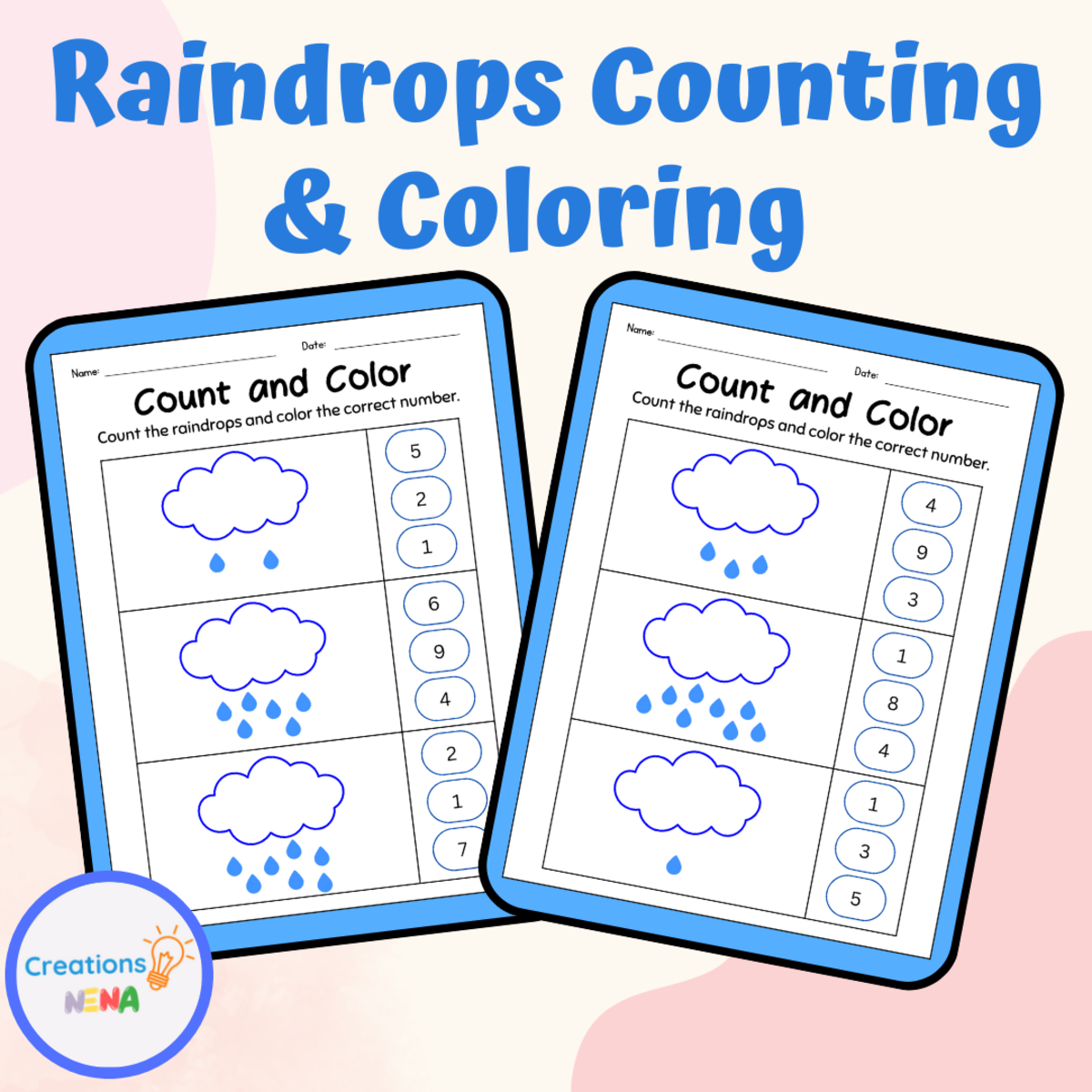 An educational teaching resource from Nena Creations entitled Counting Raindrops Activities. downloadable at Teach Simple.