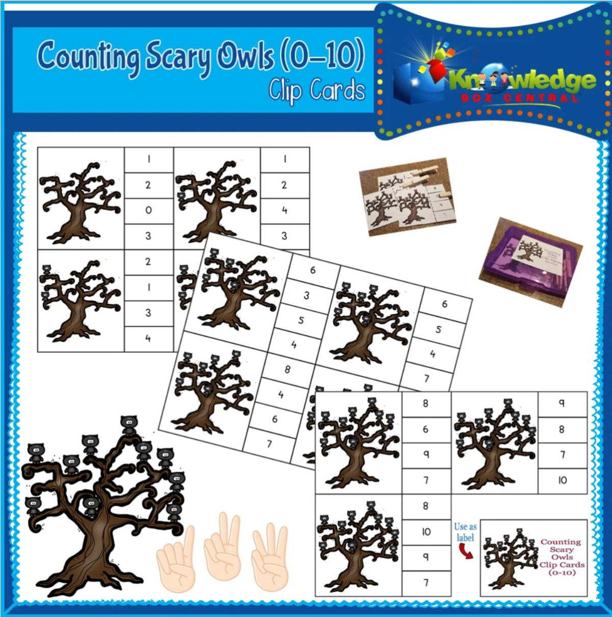 An educational teaching resource from Knowledge Box Central entitled Counting Scary Owls Clip Cards (0-10) - EBOOK downloadable at Teach Simple.