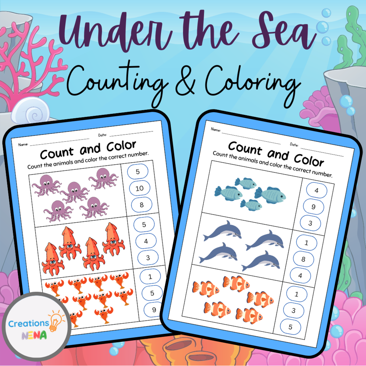 An educational teaching resource from Nena Creations entitled Counting Sea Animals Math Worksheets downloadable at Teach Simple.
